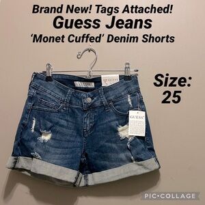 NWT GUESS Monet Cuff, Mid-Rise, Distressed Denim Jean Shorts 25